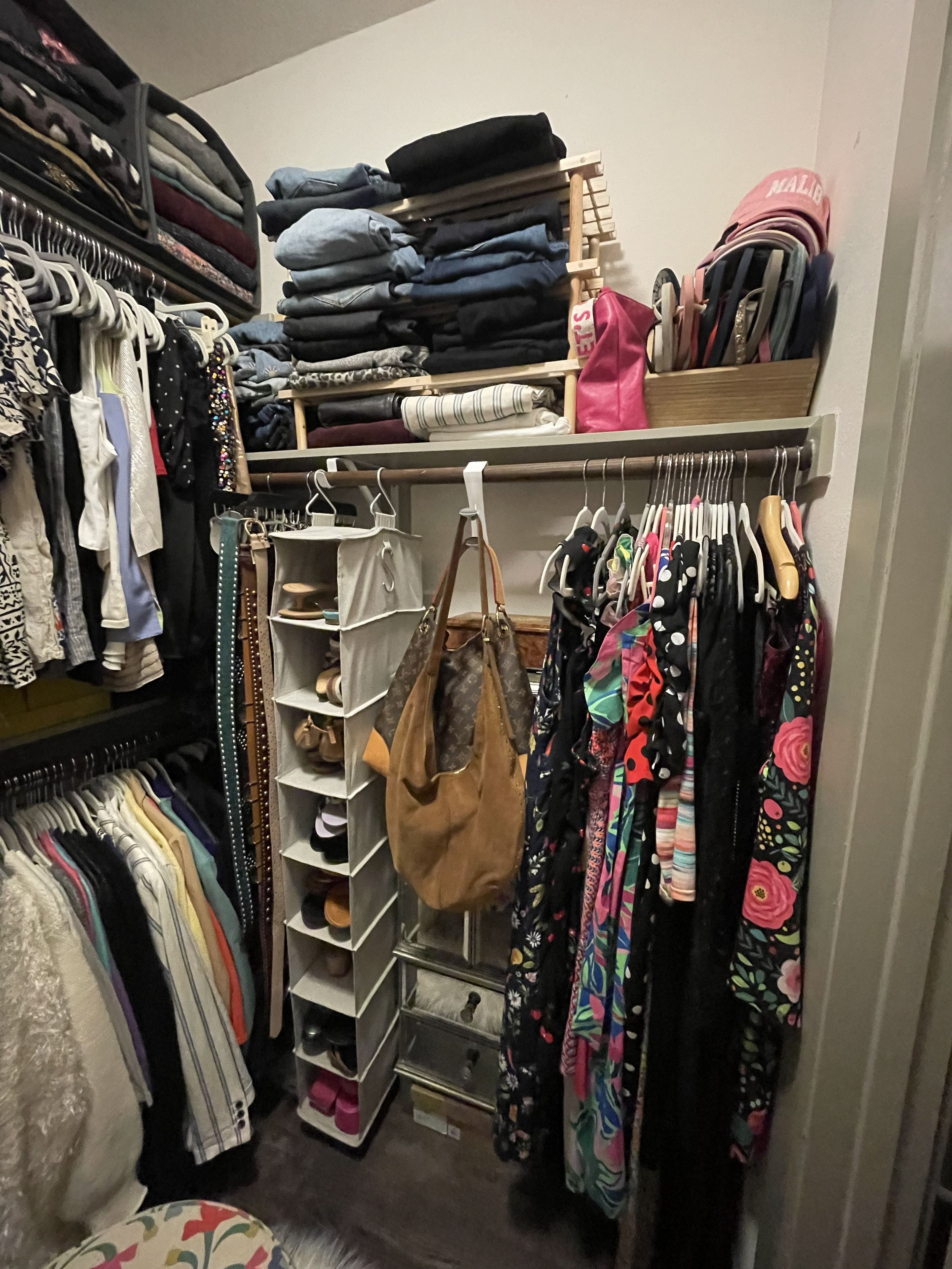 Organized closet with hanging organizer and colorful dresses